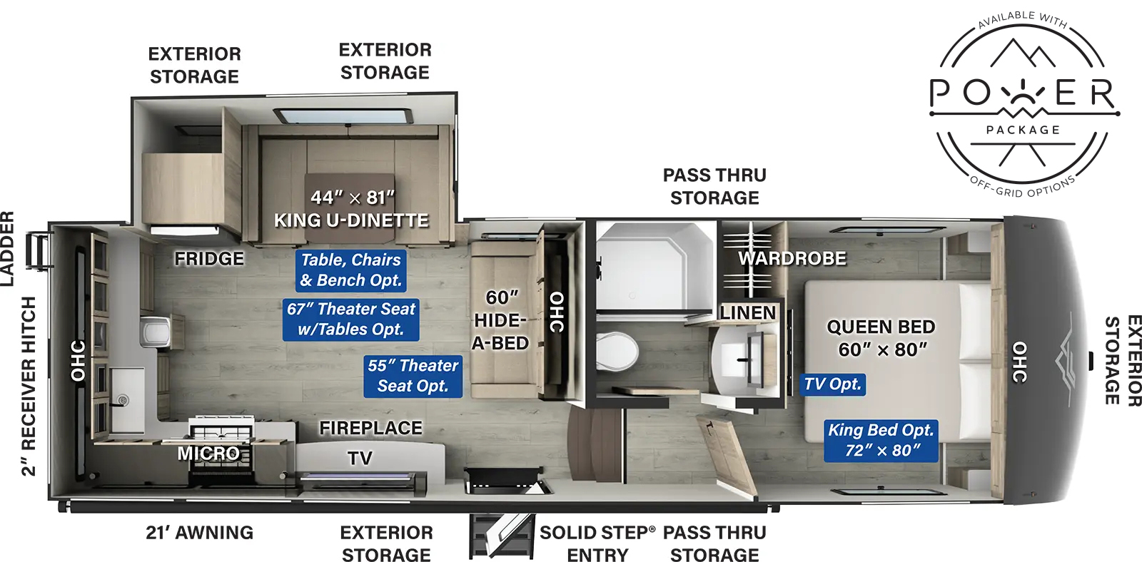 The Flagstaff Classic Fifth Wheels F301RKS floorplan has one entry and one slide out. Exterior features include: fiberglass exterior and 21' awning. Interiors features include: rear kitchen, u-dinette and front bedroom.